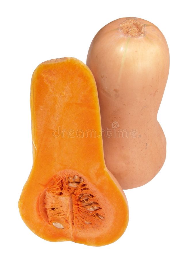 an eggplant and a piece of butternut on a white background with clippings