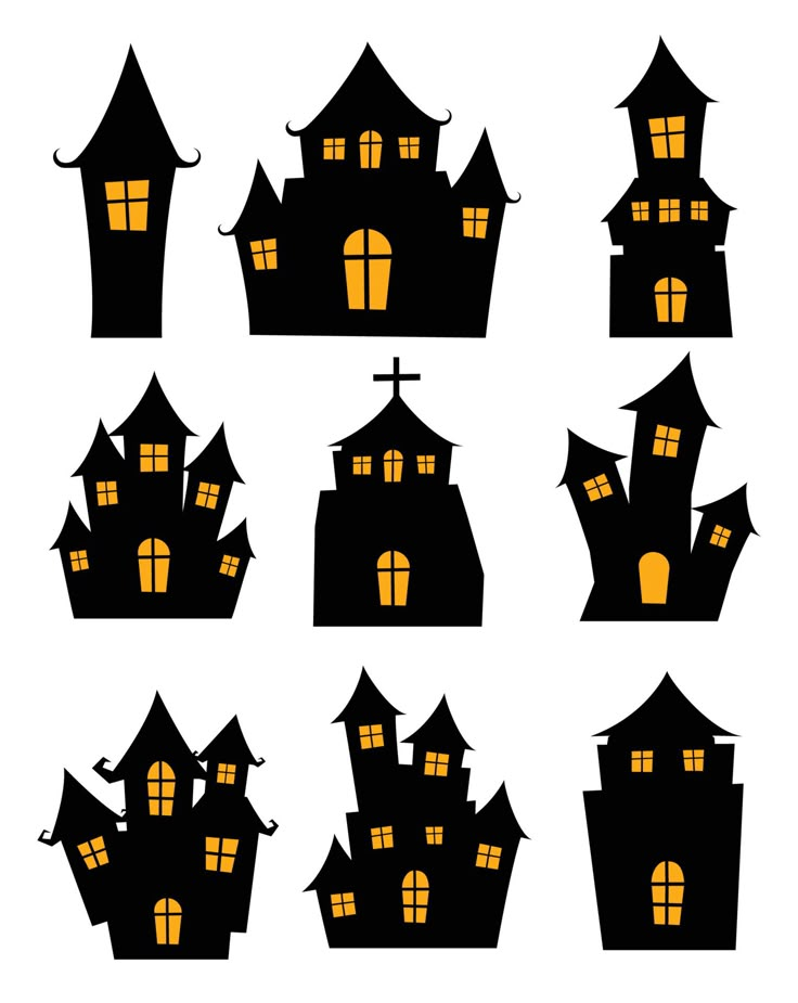 the silhouettes of different houses with windows and lights on them are shown in black