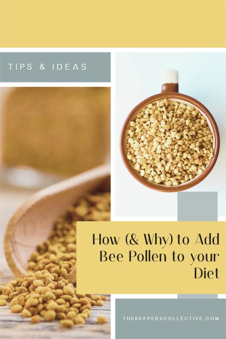 a wooden spoon filled with food and the words how & why to add bee pollen to your diet