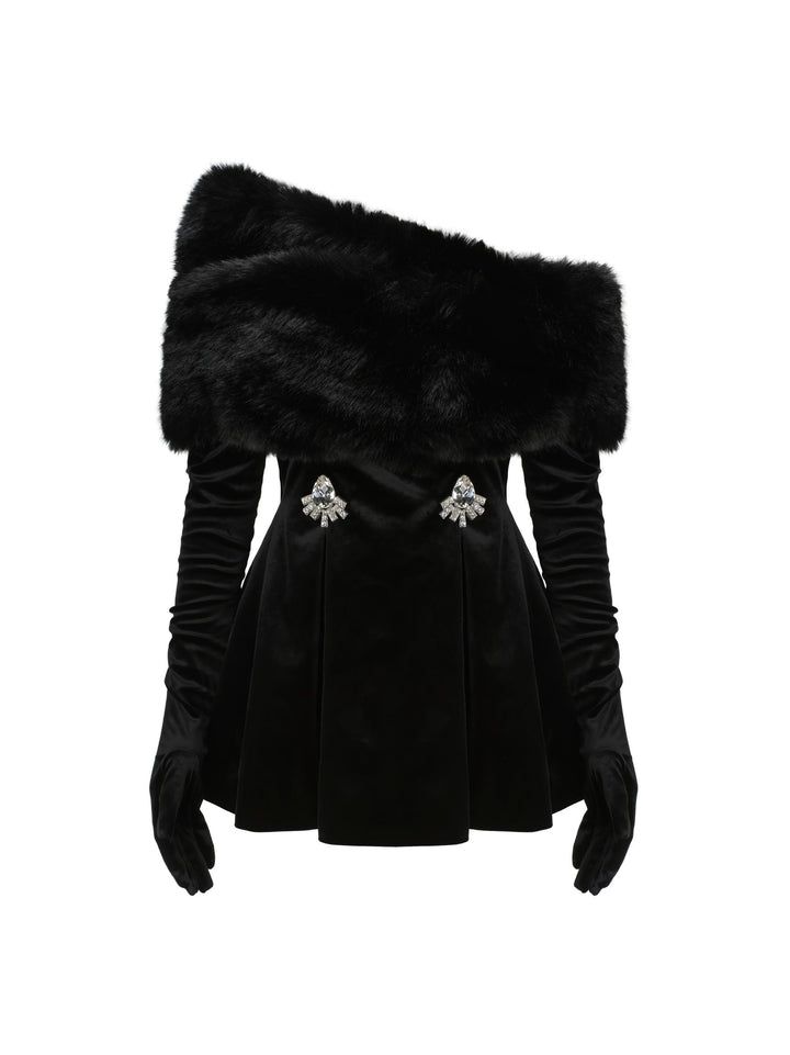 Designer Evening Dresses for Women | Nana Jacqueline Luxury Clothing Mini Dress With Gloves, Velvet Dress Black, Luxury Coat, Nana Jacqueline, Velvet Aesthetic, Dress With Gloves, Fur Dress, Removable Collar, Mode Abaya