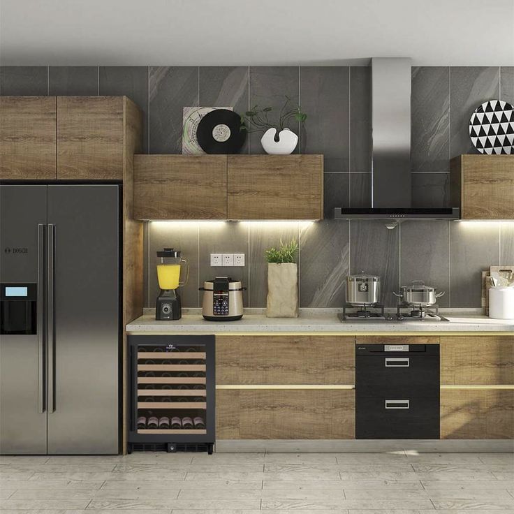 a modern kitchen with stainless steel appliances and wood cabinetry is shown in this rendering