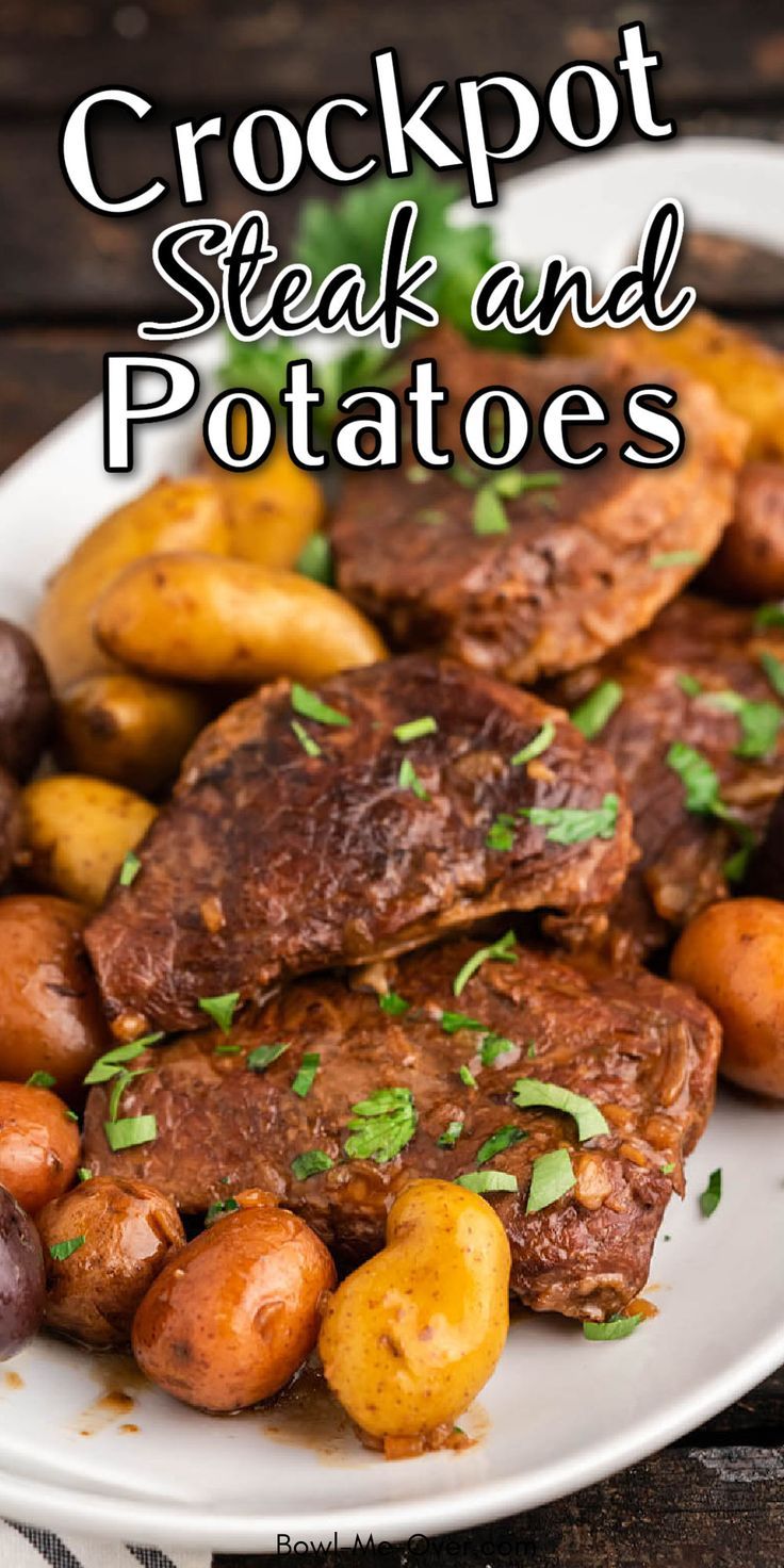 Crockpot steak and potatoes on platter, with Pinterest overlay. Crock Beef Recipes, Easy Food Recipes Crockpot, Steak Dinner Crockpot Easy Recipes, Crock Pot Beef And Potatoes Recipes, Beef Crop Pot Recipes, Crockpot Recipes Round Steak, Garlic Beef Tips And Potatoes Crock Pot, Beef And Potatoes Crockpot Recipes, Beef Steak Slow Cooker Recipes