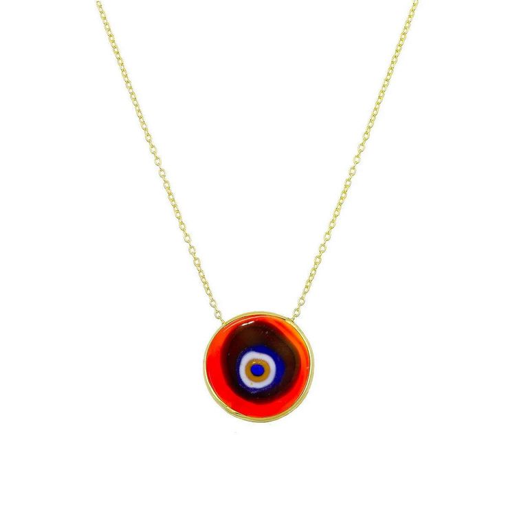 Antique Evil Eye Necklace in Red Multicolor Circle Necklace For Gift, Multicolor Circle Necklace Gift, Red Amulet Style Round Pendant Jewelry, Red Amulet Pendant, Red Amulet Pendant Necklace, Red Spiritual Round Pendant Jewelry, Spiritual Red Round Pendant Jewelry, Spiritual Red Pendant Necklace, Artistic Red Necklace For Gift