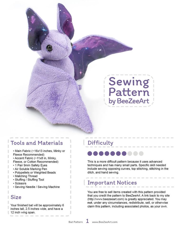 a purple stuffed animal with stars on it's wings and the words sewing pattern by breeze art