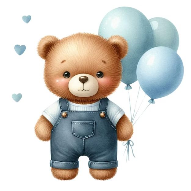 a brown teddy bear wearing overalls holding blue balloons