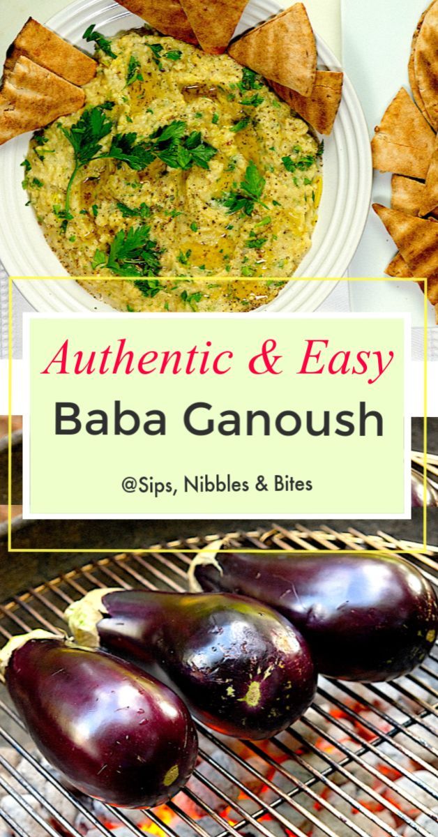 authentic and easy baba ganoush recipe with eggplant, pita bread, baked potato wedges