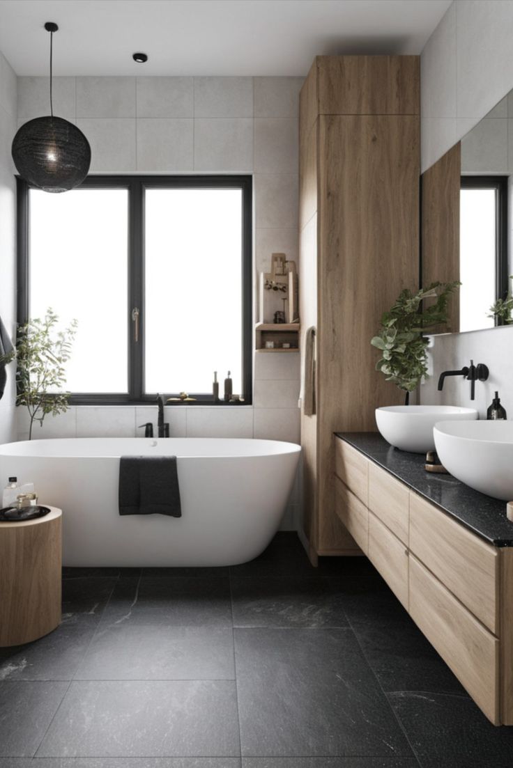 a bathroom with two sinks and a bathtub in the middle, along with large windows