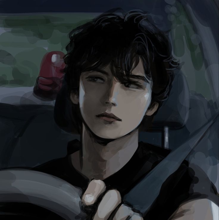 a digital painting of a man driving a car with his hand on the steering wheel