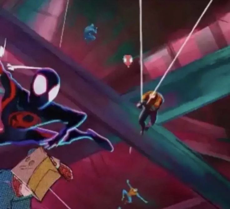 an animated image of a spider man in the middle of a room with people flying around