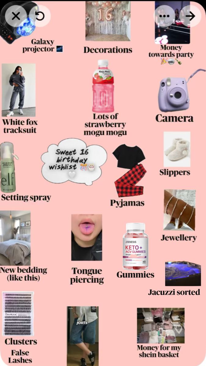 a pink poster with many different things on it