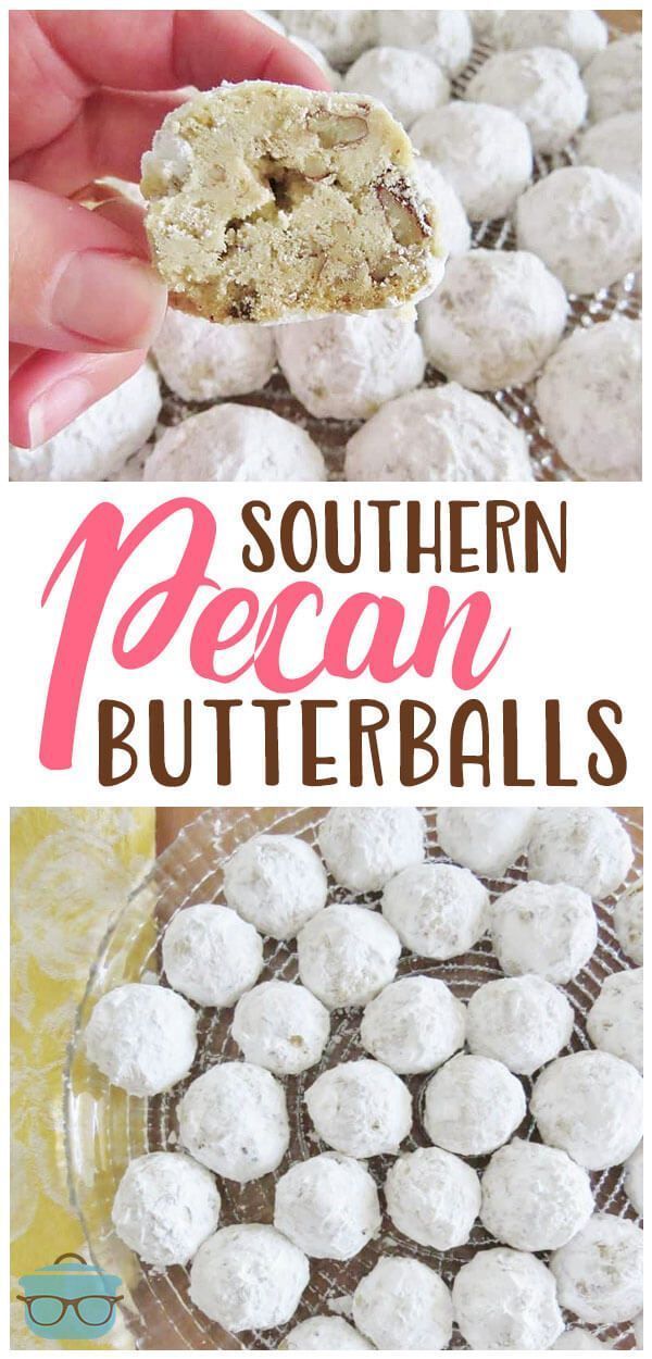 a person holding a piece of food in their hand with the words southern pecan butterballs on it