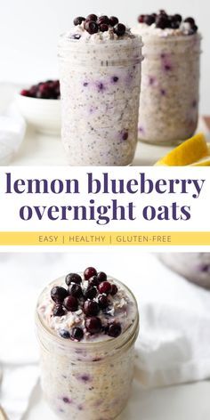 lemon blueberry overnight oats in mason jars on a white table with text overlay