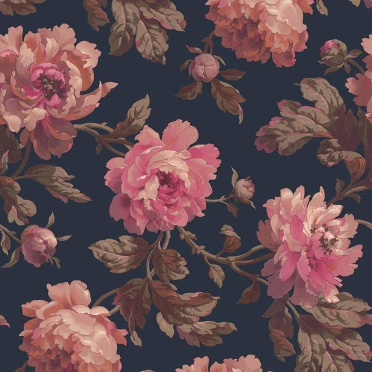 a floral wallpaper with pink flowers on a dark blue background in shades of red and beige