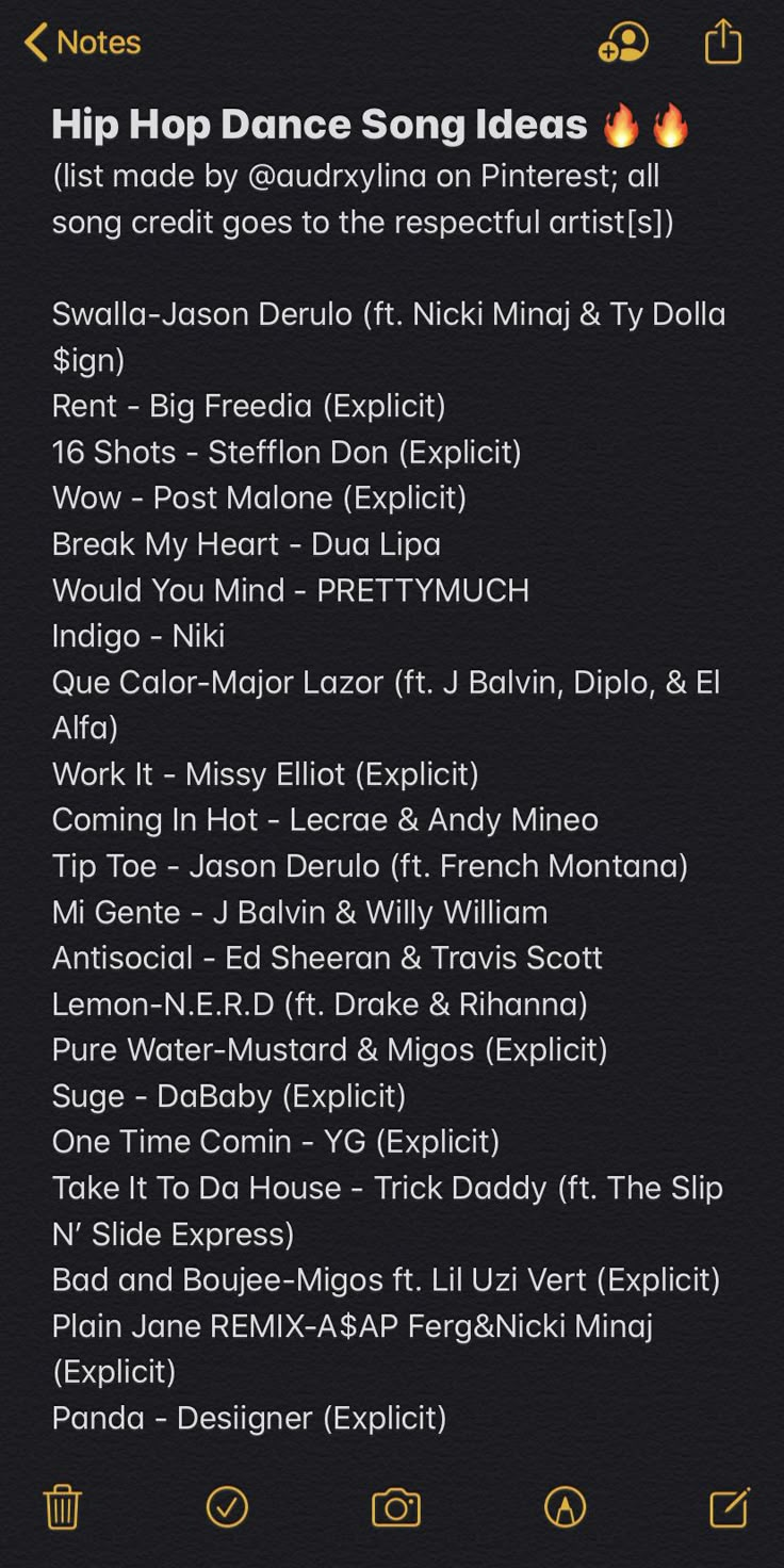 the list for hip hop dance song ideas, which includes an image of various songs