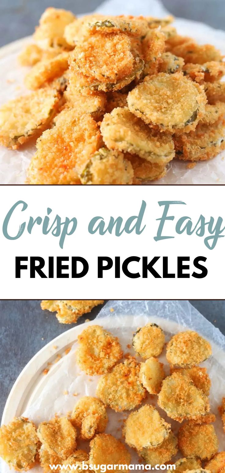 crisp and easy fried pickles on a plate with the title overlay above it