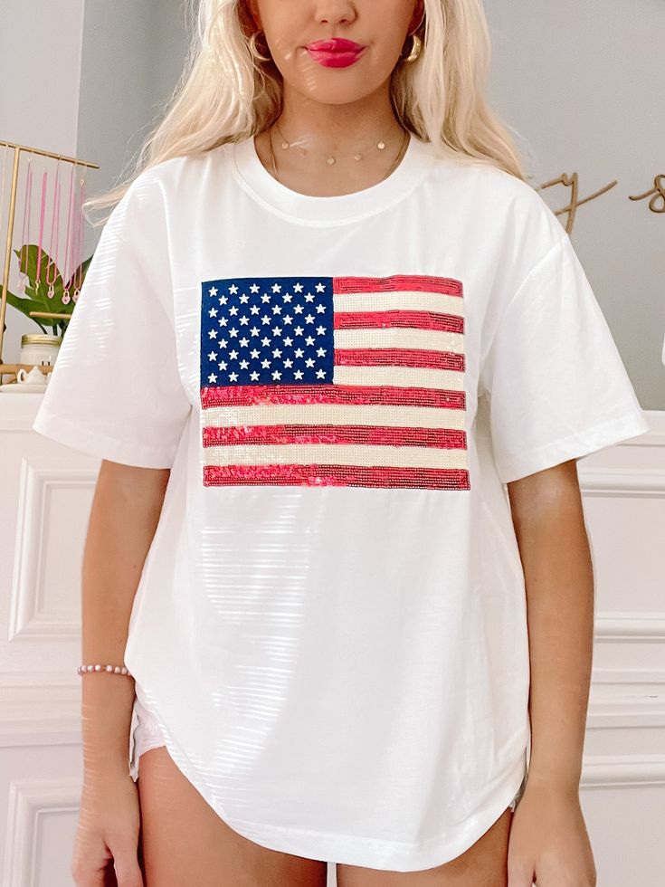 Born in the USA Tee | sassyshortcake.com Red Americana T-shirt With American Flag, White Cotton Sequin Top, White Americana T-shirt For 4th Of July, White Americana Letter Print T-shirt, American Style White Tops For 4th Of July, White T-shirt With American Flag For Independence Day, White American Flag T-shirt For Independence Day, White Americana T-shirt With American Flag, White Americana T-shirt For Summer