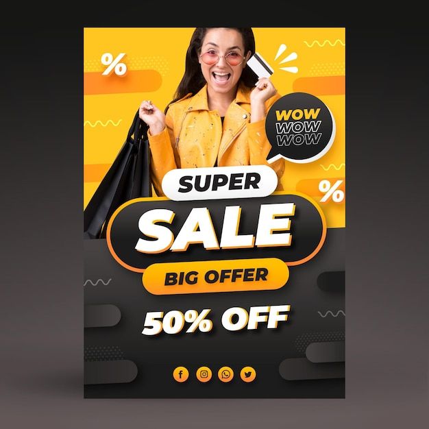 a woman holding shopping bags and smiling with the text super sale big offer 50 % off