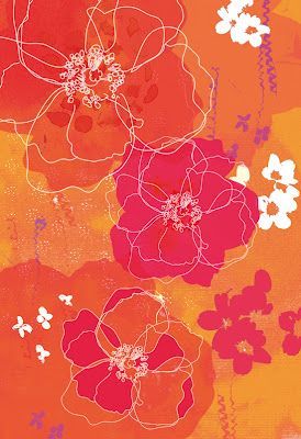 an orange and red painting with flowers on it