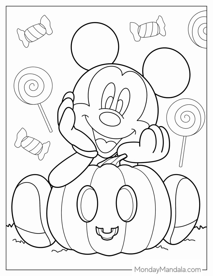 mickey mouse sitting on top of a pumpkin with lollipops