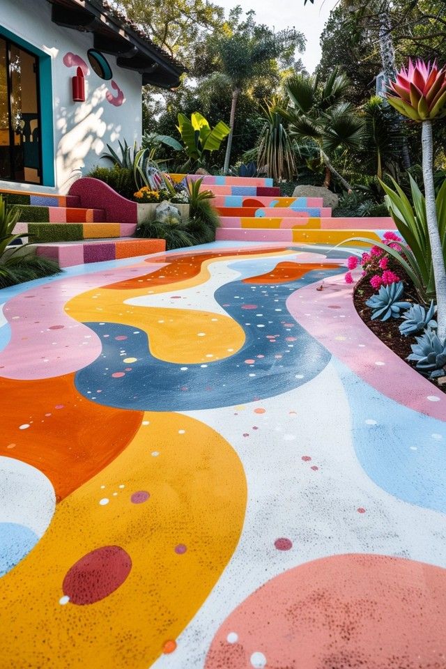 Creative Painting Concrete Driveway Ideas Painted Walkway Concrete, Modern Driveway Ideas Concrete, Painting Driveway, Driveway Paint Ideas, Paint Driveway, Painted Driveway, Concrete Driveway Ideas, Painted Concrete Patio, Innovative Painting