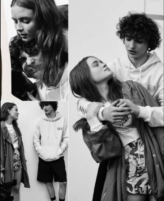 black and white photos of young people in different poses, with one woman holding the other's head