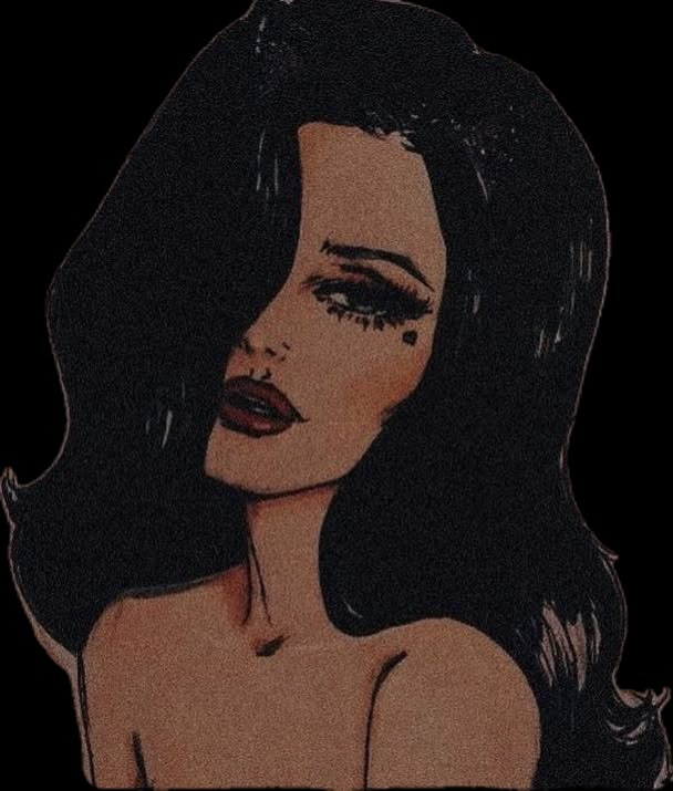 a drawing of a woman's face with dark hair and black eyeshadow