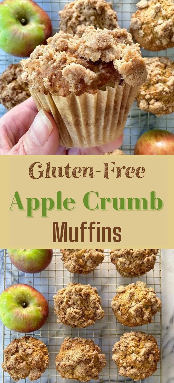 an apple crumb muffin on a cooling rack with apples in the background and text overlay that reads gluten - free apple crumb muffins