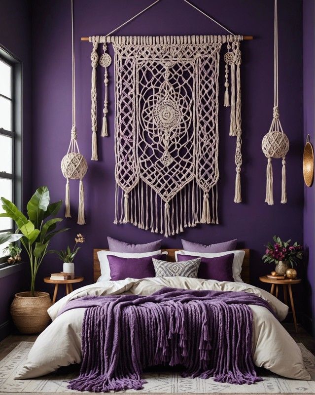 a bedroom with purple walls, white bedding and macrame decorations on the wall