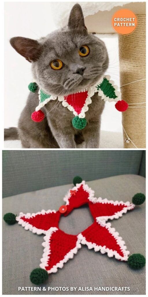 two pictures one has a cat and the other has a crochet christmas ornament