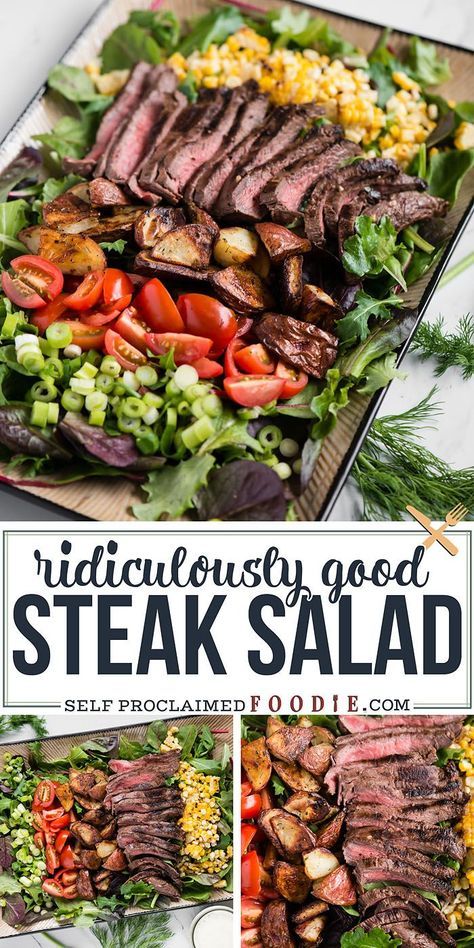 steak salad with tomatoes, corn and lettuce on it is shown in three different pictures