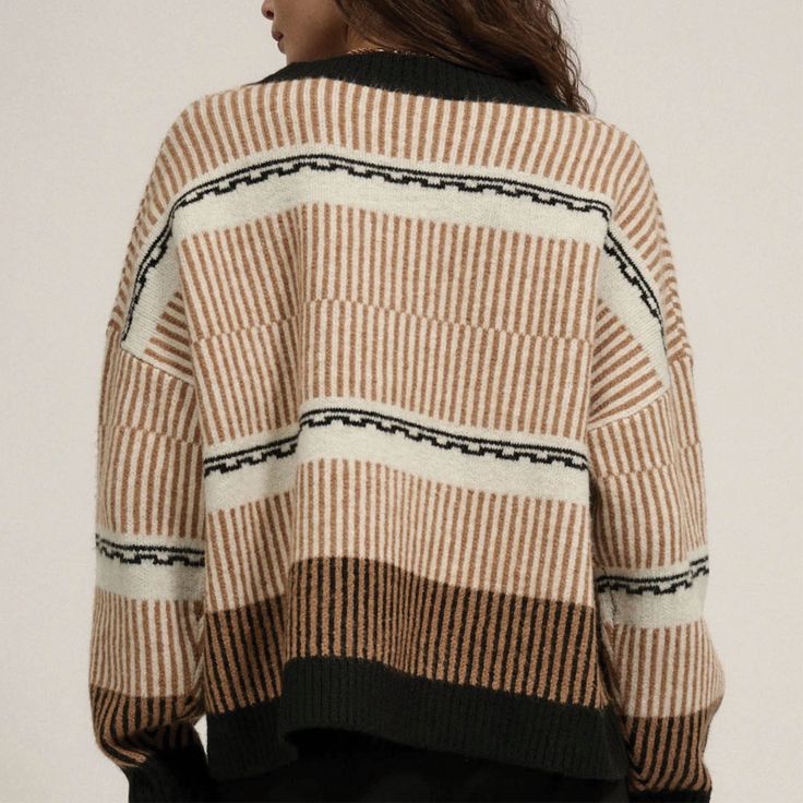 an abstract, knit sweater with striped and geometric patterns. featuring a round neckline, wide sleeves, and dropped shoulders material: 74% acrylic / 22% polyester / 4% spn color: cream / taupe/ black model is 5’9 / wearing a small Abstract Sweater, Black Model, Wide Sleeves, Geometric Patterns, Round Neckline, Knit Sweater, Knitted Sweaters, Geometric Pattern, Cream