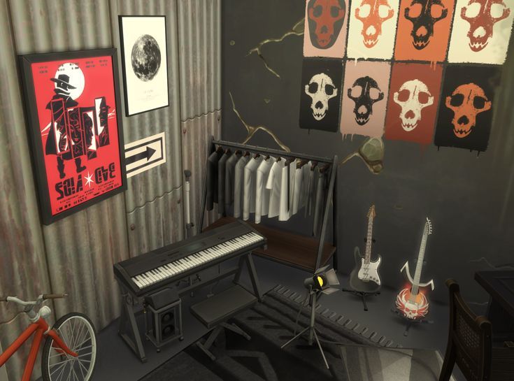 the room is decorated with skulls, guitars and other musical instruments as well as posters