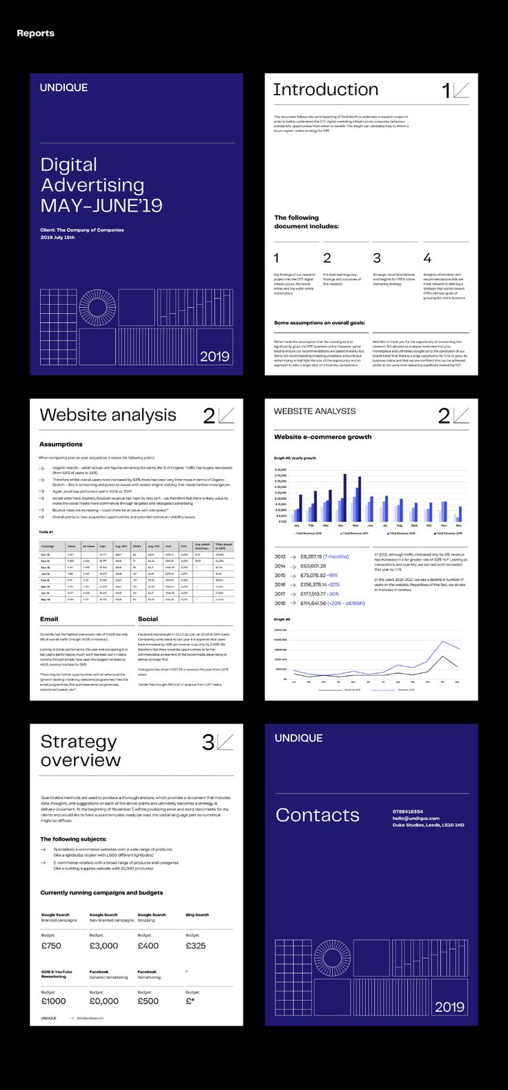 four different types of papers with numbers and graphs on them, all in blue tones