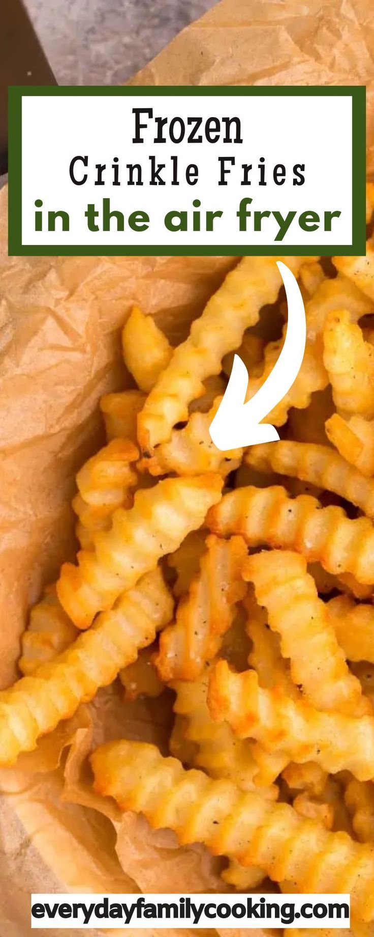 frozen crinkle fries in the air fryer with text overlay that reads frozen crinkle fries in the air fryer