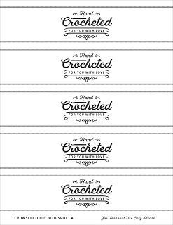 four different labels with the names of each product in black and white, one is for crocheted