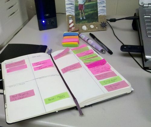 an open notebook sitting on top of a desk covered in sticky notes and pen markers