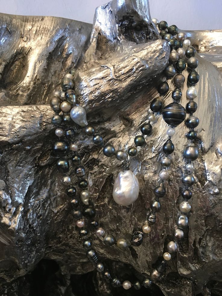 132 South Sea, Tahitian, and Akoya pearls are hand-knotted on silk. A rare “cake-pop” Baroque pearl hangs central to this necklace. Can be worn long, doubled, or three times around the neck. No clasp. 66" with 1.5" drop. South Seas, Cake Pop, Akoya Pearls, Baroque Pearls, Pearl Jewelry, Pearl Necklace, Handmade Jewelry, Boutique, Silk