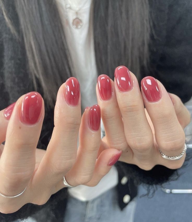 Dark Natural Nails, Wine Jelly Nails, Jelly Short Nails, Winter Jelly Nails, Korean Natural Nails, Manicured Nails Natural, Short Nails Jelly, Sheer Red Nails, Clear Red Nails