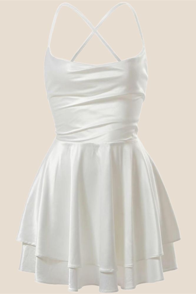 Short White Dress Satin, White Satin Spaghetti Strap Dress Short, White Spaghetti Strap Formal Mini Dress, Cute White A-line Mini Dress, White Coquette Mini Length Dress, White Mini Dress With Spaghetti Straps And Built-in Bra, Short Princess Dress, Hoco Dress, A Line Shorts