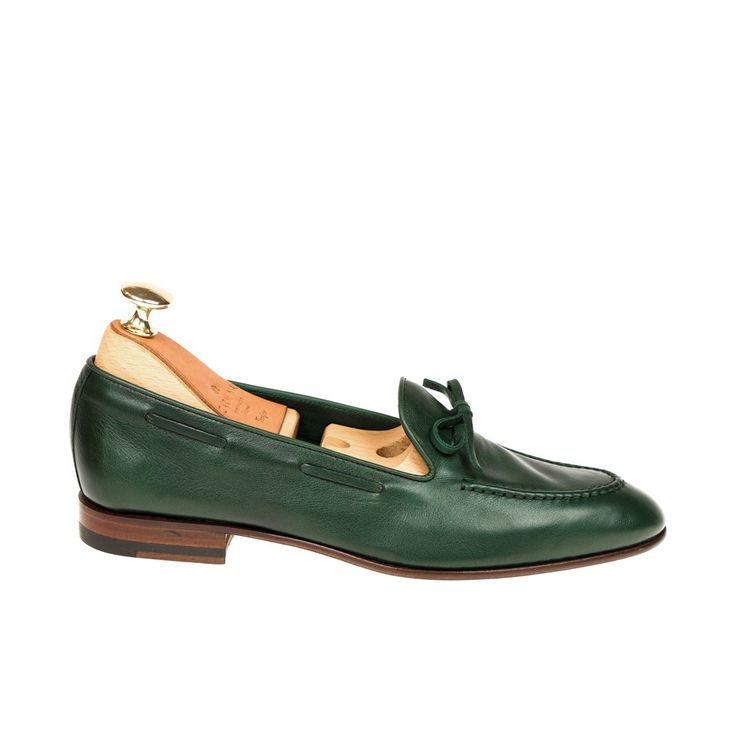 UNLINED STRING LOAFERS IN GREEN RUSTI CALF Green Leather Sole Slip-on Loafers, Green Business Loafers With Leather Sole, Luxury Green Loafers, Elegant Green Loafers For Business, Green Slip-on Loafers With Leather Sole, Elegant Green Goodyear Welted Leather Shoes, Elegant Green Leather Shoes With Goodyear Welt, Luxury Green Loafers For Formal Occasions, Elegant Green Loafers For Formal Occasions