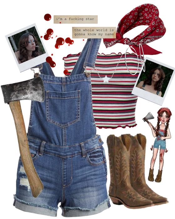 a woman wearing overalls and boots with pictures on them