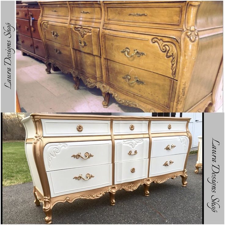 an old dresser has been painted white and gold