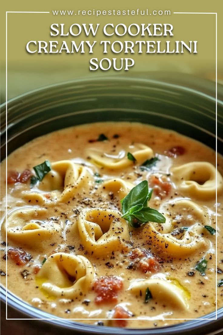 This creamy tortellini soup made in the slow cooker combines savory Italian sausage, fresh spinach, and cheesy tortellini in a rich, flavorful broth, topped with Parmesan cheese. Tortellini Sausage Spinach Soup, Sausage Soup Crockpot, Slow Cooker Creamy Tortellini Soup, Tortellini Recipes Crockpot, Tortellini Soup Crockpot, Crockpot Italian Sausage, Slow Cooker Tortellini Soup, Italian Sausage Tortellini Soup, Crock Pot Tortellini