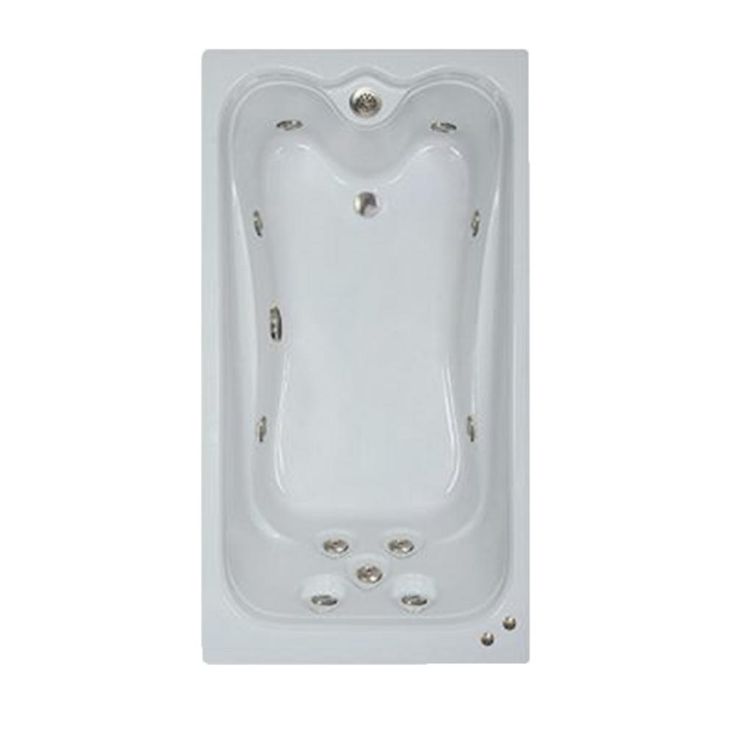 the bathtub is white and has four jets on each side, with three holes in the