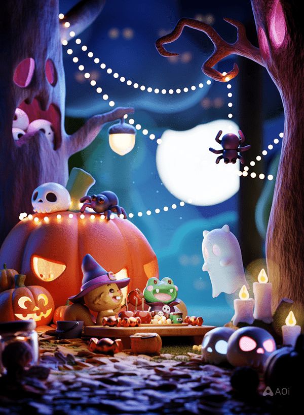 a halloween scene with pumpkins and other decorations