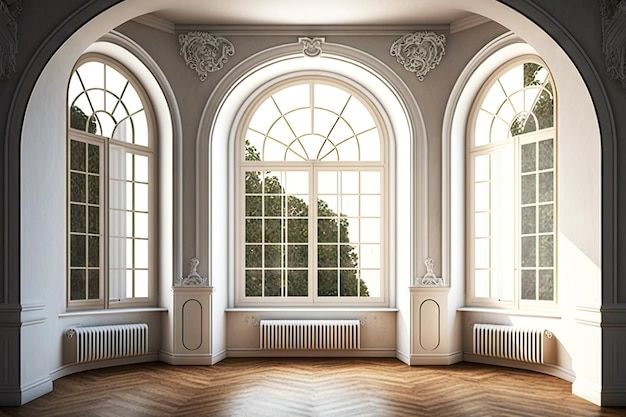 an empty room with three arched windows and wooden flooring is pictured in this image