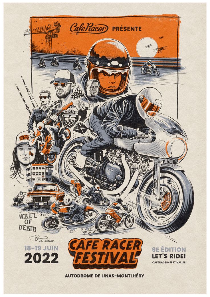 An illustrated poster drawn by Adi Gilbert / 99Seconds for the Cafe Racer Festival 2022 Motorcycle Collage, Motorbike Illustration, Cafe Racer Design, Motorcycle Artwork, Motorcycle Events, Vintage Motorcycle Posters, Motorcycle Illustration, Doodle Characters, Bike Illustration