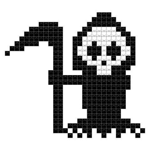 a pixellated image of a skeleton in black and white, with the letter c on it