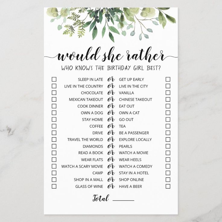 a printable wedding game with greenery on the side and words that read, would she rather know?