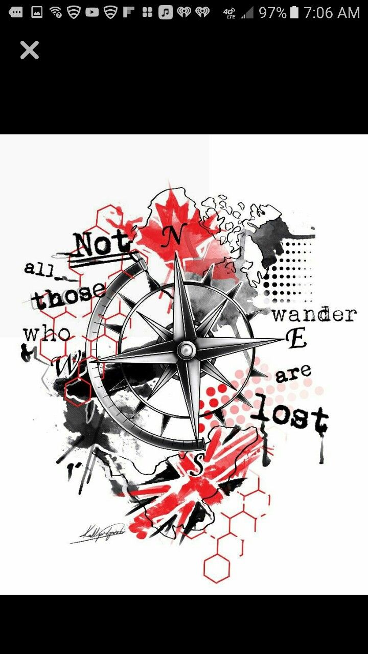 an image of a compass with red and black ink on the bottom, and words below it